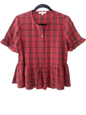 Madewell Studio Ruffle-Hem Peplum Top. SZ. Large. 
Clanton Plaid. EUC